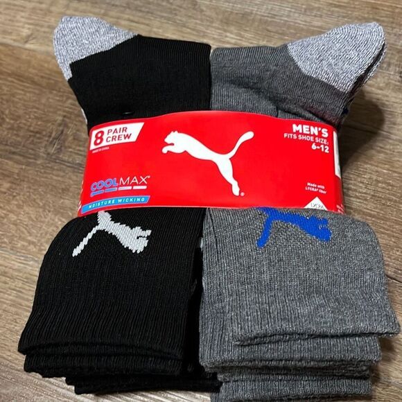 PUMA 8 Pair Coolmax Crew Length Moisture Wicking Men's Cushioned Socks NWT New - Picture 13 of 13